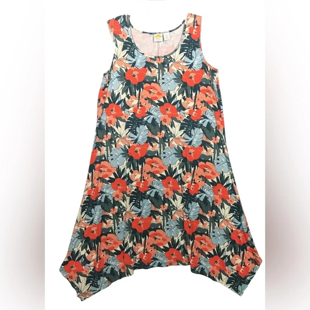 C&C California 2X Midi Maxi Dress Orange Green Tropical Handkerchief Hem Stretch
